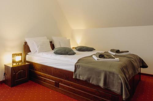 a bedroom with two twin beds in a room at Pensiunea Csató Borzont - Csató Panzió Borzont in Borzont