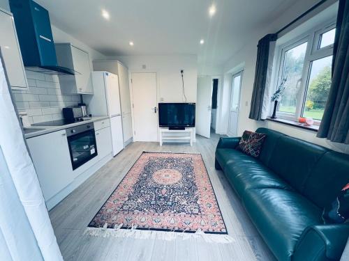 a living room with a green couch and a rug at A cozy apartment in Windsor