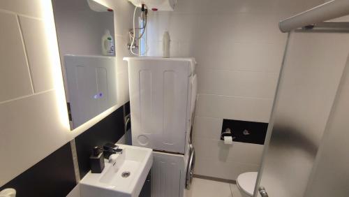 a small bathroom with a sink and a toilet at Bright 2-BDRM central apartment in Tallinn