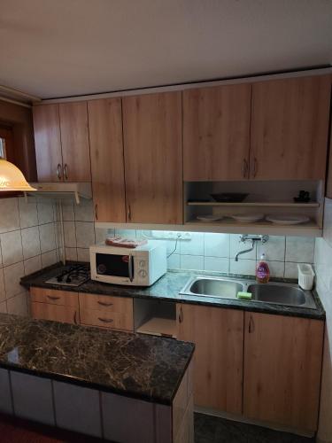 a kitchen with a sink and a microwave at Katica Vendégház in Siófok