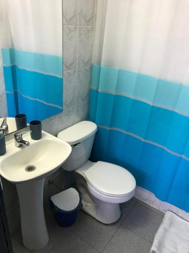 a bathroom with a white toilet and a sink at Hostal Maravillas del Sur in Villarrica
