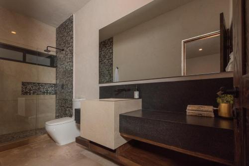 a bathroom with a toilet and a sink and a mirror at Quinta Don Luis in Querétaro