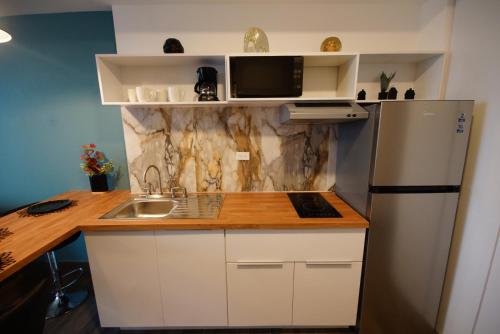 a small kitchen with a sink and a refrigerator at Departamento Nuevo Centro Monterrey in Monterrey