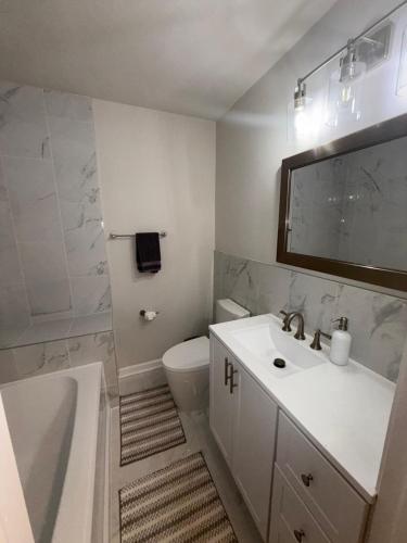 a bathroom with a sink and a toilet and a tub at Love at First Sight Retreat Luxury 4 bed 4 bath near DC Family Home in Annandale