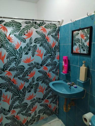 a bathroom with a sink and a shower curtain at Casa Pía Deluxe in Valladolid
