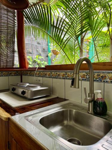 a kitchen sink with a faucet and a window at Colibri Ecolodge 3 minutes walk to beach and town in Puerto Viejo