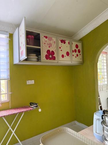 a kitchen with green walls and a sink at iLham Homestay in Kangar