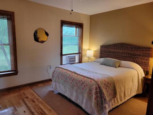 Un dormitorio con una cama y dos ventanas. en Modern, Amish-Built Farmhouse, 3 bedrooms sleeps 6, en Medina