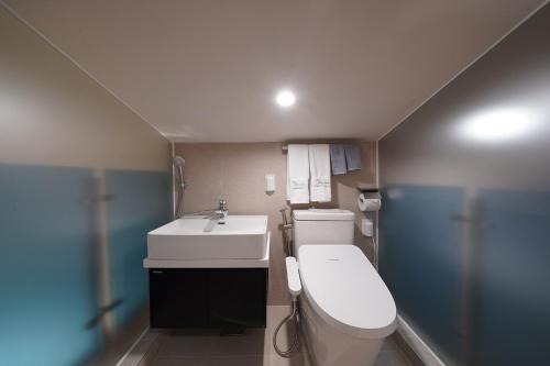 a small bathroom with a toilet and a sink at Gyeongju Poolvilla Runtoyou in Gyeongju