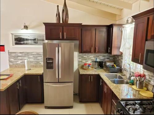 a kitchen with wooden cabinets and a stainless steel refrigerator at Villa Island in Steer Town