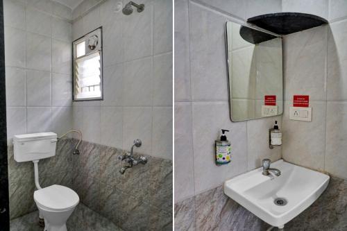 two pictures of a bathroom with a toilet and a sink at Super Townhouse Hinjewadi in Pune