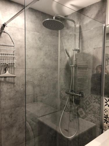 une douche avec une porte vitrée dans une salle de bain dans l'établissement Apartment Boulogne sur mer, à Boulogne-sur-Mer