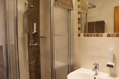 La salle de bains est pourvue d'une douche et d'un lavabo. dans l'établissement Hotel Restaurant Schweizerhaus, à Klagenfurt am Wörthersee