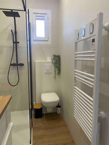 une petite salle de bain avec toilettes et douche dans l'établissement T2 neuf avec vue mer à 2 pas du centre et proche des plages, à Bandol
