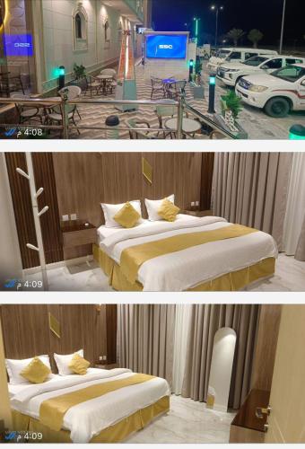 two pictures of a hotel room with two beds at المها للشقق المخدومة in Al Thybiyah
