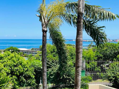 two palm trees with the ocean in the background at Tunui City Apartment - Quiet & Pool in Papeete