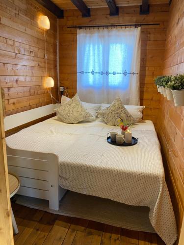 a bed in a wooden room with a window at Ferienhaus-Blockhütte im Fichtelgebirge - Nagler See 2 km in Nagel