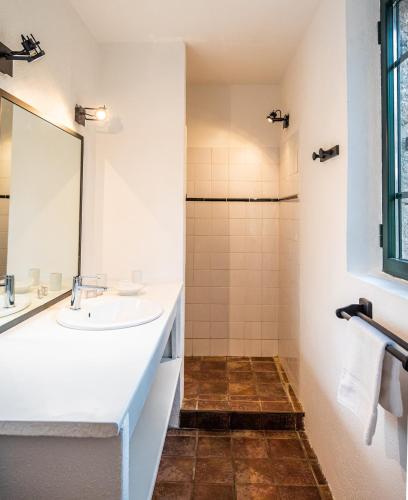 une salle de bain avec un lavabo et une douche dans l'établissement Les anciennes écuries, belle villa pour 12 personnes au coeur d'un vignoble avec piscine, à Sartène