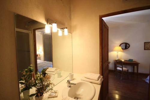 une salle de bain avec un lavabo et un miroir dans l'établissement Le chai, belle villa pour 13 personnes au coeur d'un vignoble avec piscine, à Sartène