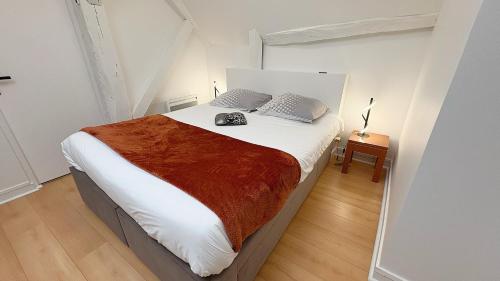 une chambre avec un grand lit dans une pièce dans l'établissement Coup de Coeur Angevin - Hypercentre - Calme - Cozy, à Angers