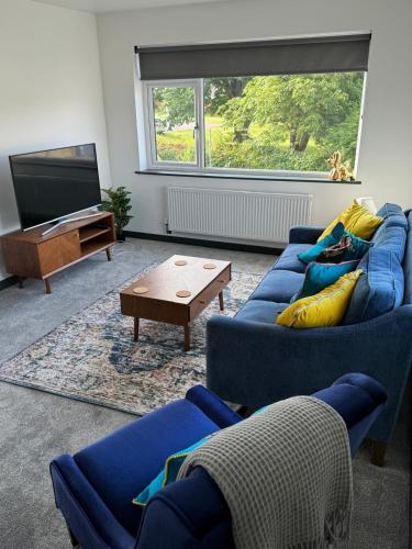 a living room with two blue couches and a television at Gorgeous 1 bedroom property, close walk to Goodrington beach in Paignton