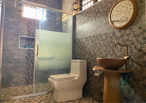 a bathroom with a sink and a toilet and a shower at TheLight Villa in Trou dʼ Eau Douce