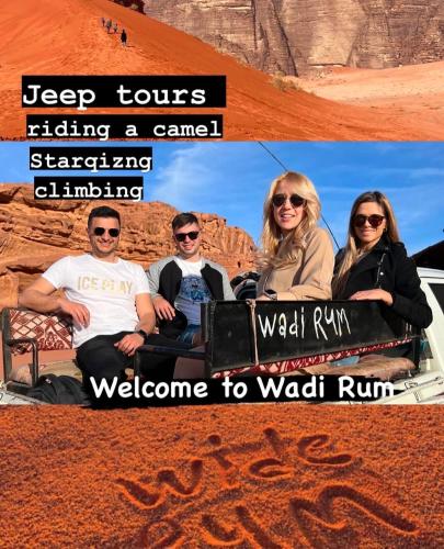 a group of people sitting in a jeep in the desert at Bedouin Camp&tour in Wadi Rum