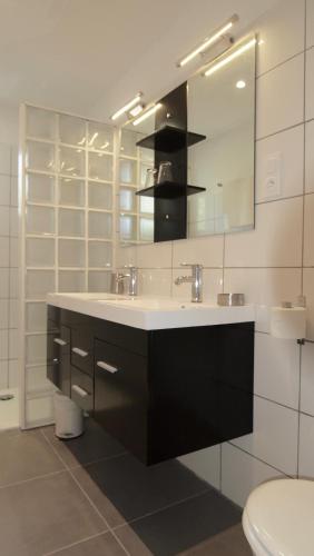 une salle de bain avec un lavabo et un miroir et des toilettes dans l'établissement L'Espaso, à Gailhan