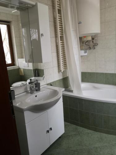 a bathroom with a sink and a bath tub and a sink at City Apartments Dabas in Dabas