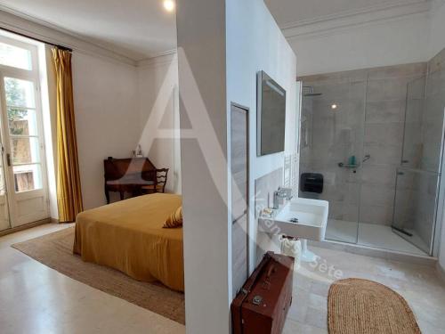 - une chambre avec un lit, une douche et un lavabo dans l'établissement Maison de maitre capacite 10 personnes avec piscine, wifi et stationnement, à Sète