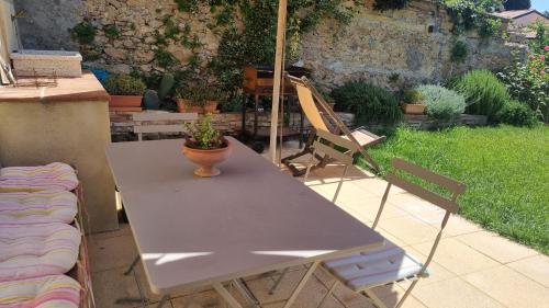 a table with a potted plant sitting on a patio at IL PICCINO 29, Esperienza Romantica in Borgo.... in Montescudaio
