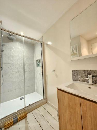 une salle de bain avec douche et lavabo dans l'établissement Gîte avec jardin Fécamp-Etretat, à Ganzeville