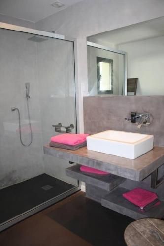 une salle de bain avec un lavabo et un miroir dans l'établissement Villa Mare piscine et spa, à Zonza