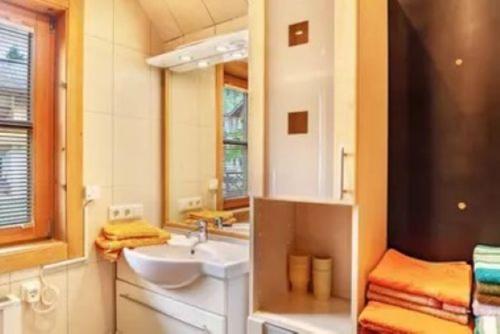 a bathroom with a sink and a mirror at Ferienhaus TRUCKSHÜTTE in Mayrhofen