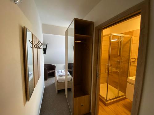 a bathroom with a walk in shower and a glass door at Zámecký Dvůr Černousy in V Poli