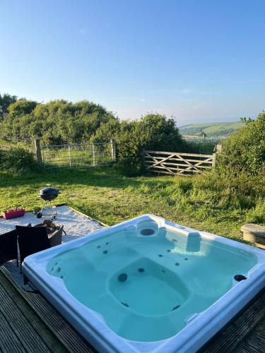 a large blue tub sitting on a table in a field at Tamarisk Cabin in Bude
