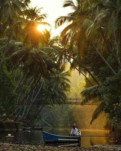 a man sitting in a boat on a lake at Red Chillies Homestay in Tadri