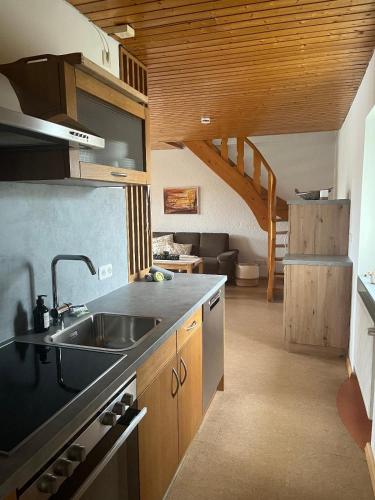 a kitchen with a sink and a living room at FrongaHOF in Waldkirchen