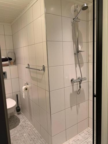 a shower with a glass door in a bathroom at Central and modern apartment in Hamar