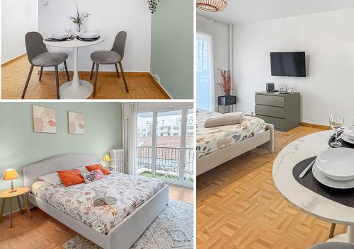 une chambre avec un lit et une table et une chambre avec une télévision dans l'établissement Balcon Cosy près de la Marne, à Saint-Maur-des-Fossés