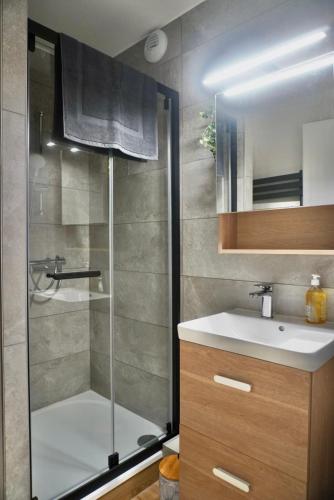 une salle de bain avec douche et lavabo dans l'établissement Le FOCH, appartement 3 chambres - proche Nancy Thermal, à Villers-lès-Nancy