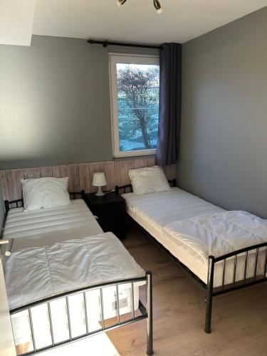 zwei Betten in einem Zimmer mit Fenster in der Unterkunft La Bergerie de Ster in Francorchamps