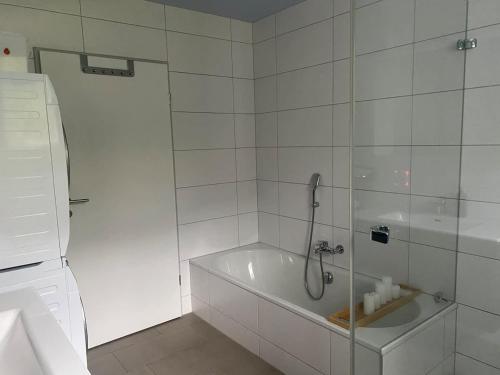 a white bathroom with a shower and a tub at The R Apartment Adlisberg in Geroldswil