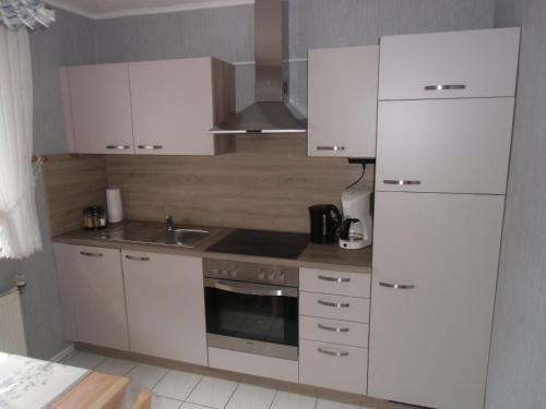 eine Küche mit weißen Schränken, einer Spüle und einem Kühlschrank in der Unterkunft Busche RE03 in Sögel