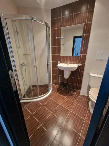 a bathroom with a shower and a sink and a toilet at Апартамент БАНГЕВИ in Burgas