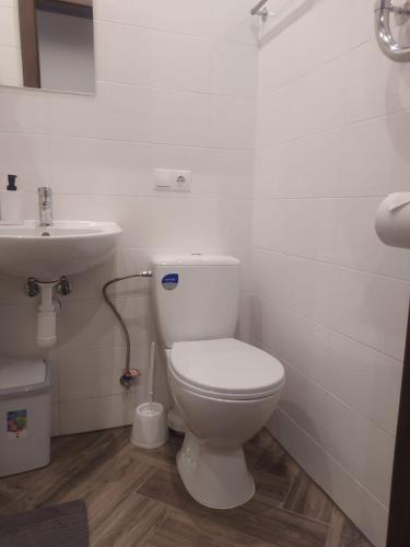 a bathroom with a white toilet and a sink at RVR Smart Apartments Riga with Free Parking and Self Check-in in Rīga