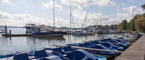 a bunch of boats are docked in the water at K14 FeWo - Am Kurpark - Therme in Bad Saarow