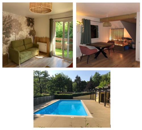 a collage of pictures of a house with a swimming pool at 10 mns d'Obernai, Le Refuge du petit Lutin Vert in Boersch
