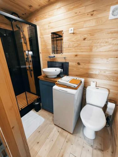 une salle de bain avec toilettes et lavabo dans l'établissement l'Eden du Sancerrois, à Sens-Beaujeu