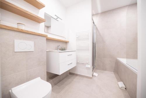 une salle de bain avec toilettes, lavabo et douche dans l'établissement CIA - Temple Charming & Comfy Flat in Marias Paris, à Paris